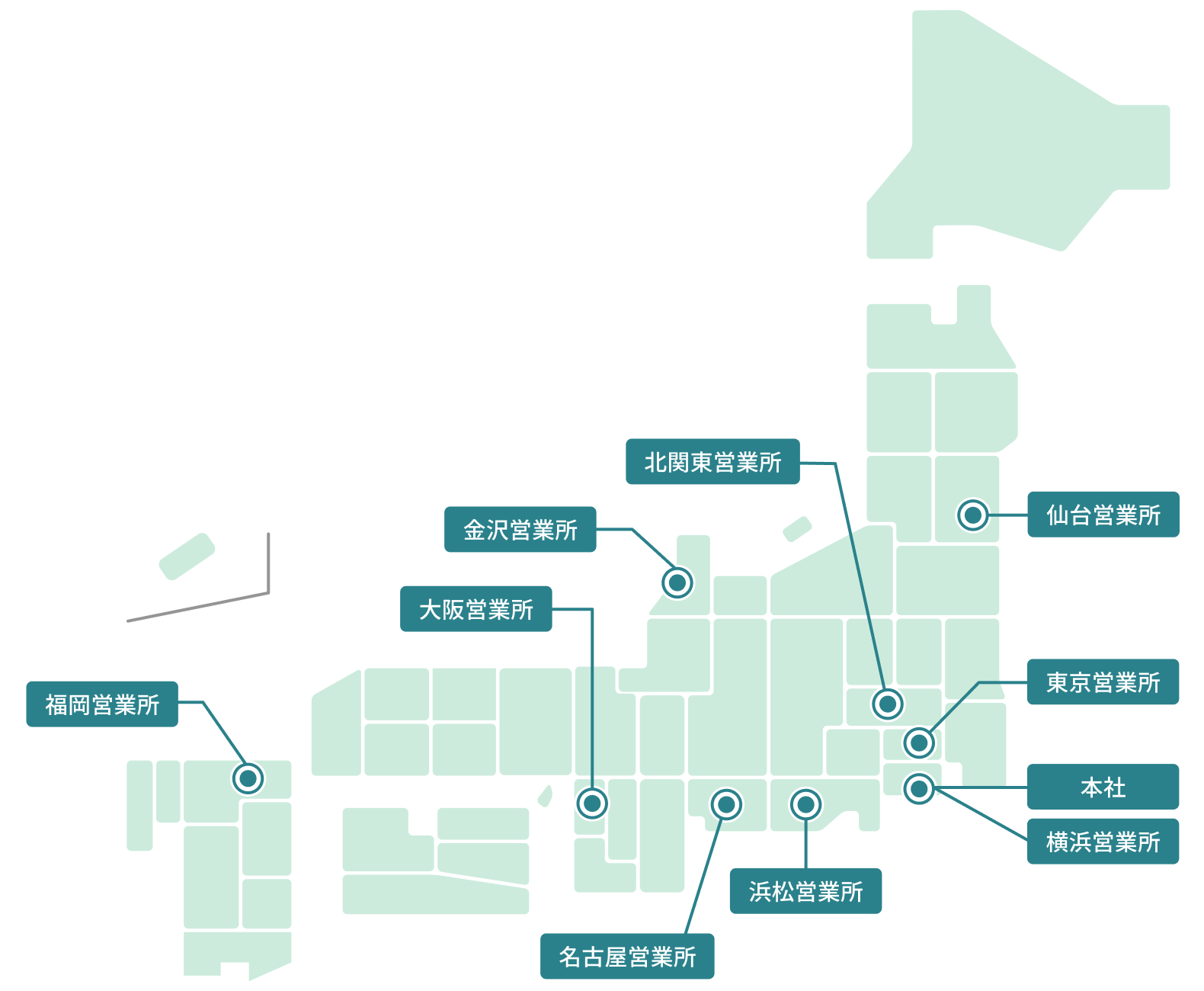 株式会社ヒップ 営業拠点（仙台営業所・北関東営業所・東京営業所・本社・横浜営業所・浜松営業所・名古屋営業所・金沢営業所・大阪営業所・福岡営業所）の画像